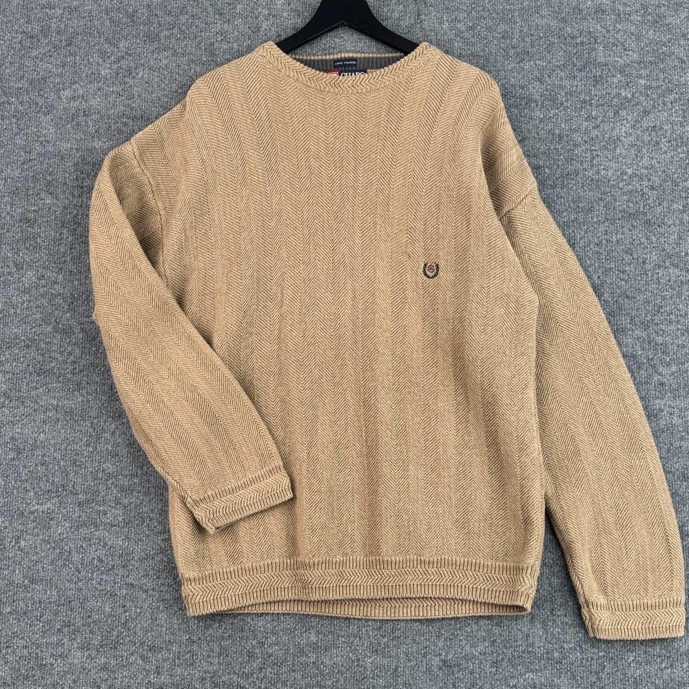 Chaps Ralph Lauren Sweater Men's XL Tan Herringbone 100% Cotton Crest Casual